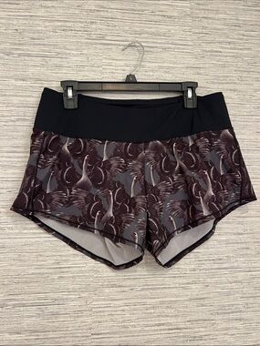 oiselle Black Waist Athletic Shorts with Plum Crane Pattern